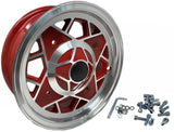 KIT 4 CERCHI SPORTIVI TIPO MILLEMIGLIA FIAT 500 4.5X12-FINITURA ROSSA VITI DI FISSAGGIO INCLUSE